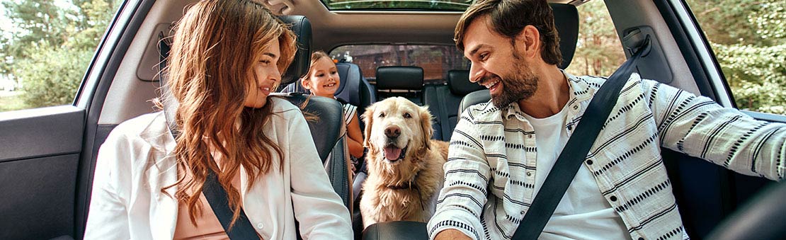 Family of 3 plus dog in car