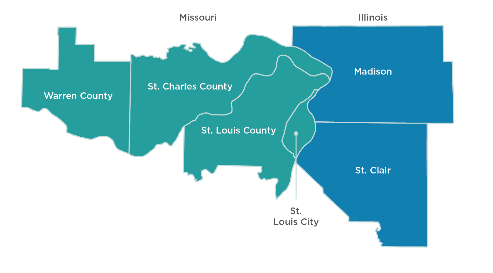 Map of Warren County, St. Charles County, St. Louis County, St. Louis City in Missouri, and Madison and St. Clair Counties in Illinois.